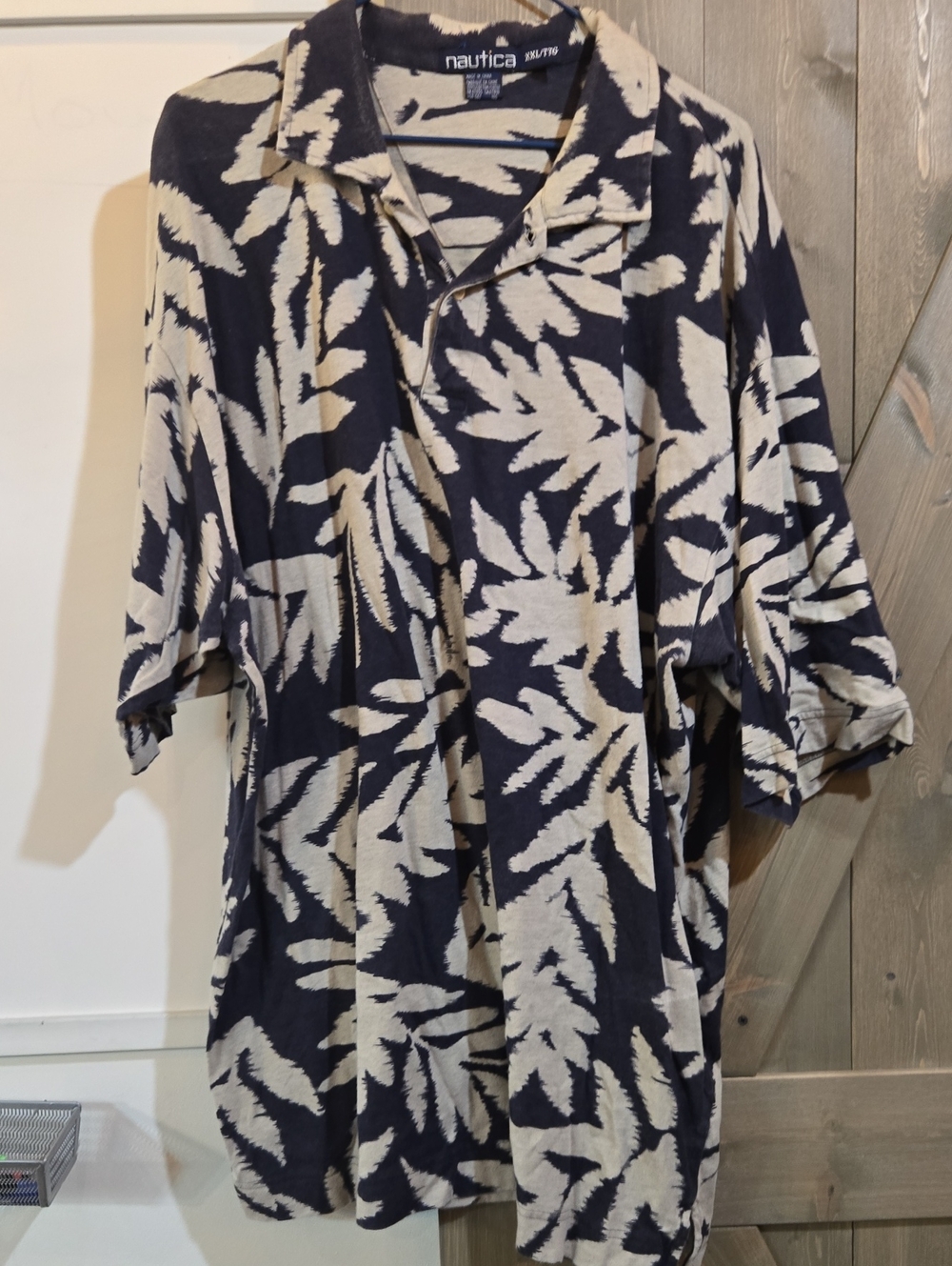 Nautica Navy and Cream Leaf-Print Polo Xxl